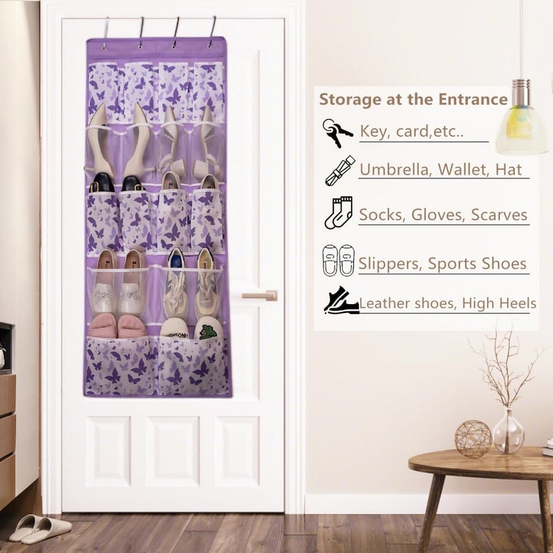 KANCNT Over the Door Storage Organizer with 4 Kind of Pockets,Hanging Organizer for Shoes,Sock,Hat,Underwear,Handbag,Hair Tools,Cosmetics,Toiletry,Hanging Shelf Behind Door of Bathroom,Closet,Entrance,Purple - Image 1